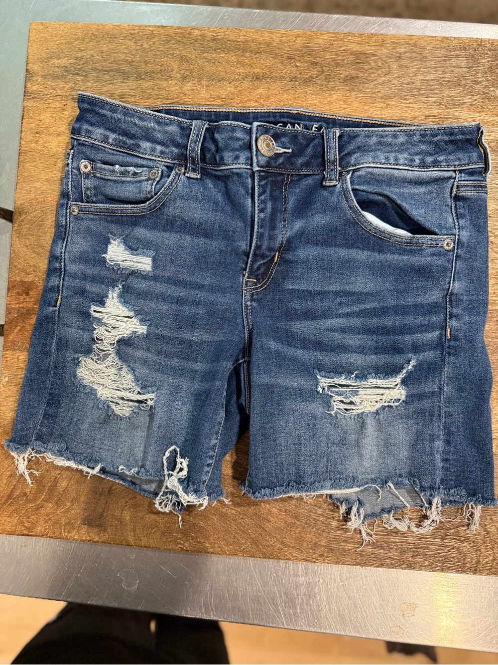 American Eagle Outfitters Dark Blue Distressed Denim Jean Shorts